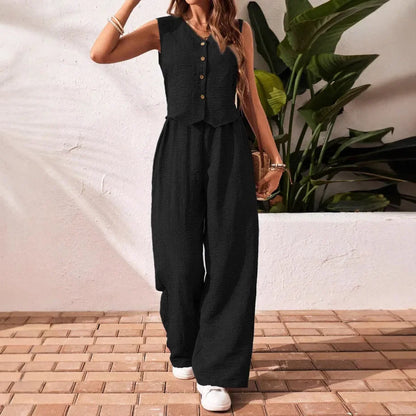 Women’s Summer Cotton Linen Two-Piece Set 2025 – V-Neck Button Vest Top & Casual Trousers Suit Shorts Pants Outfit Set