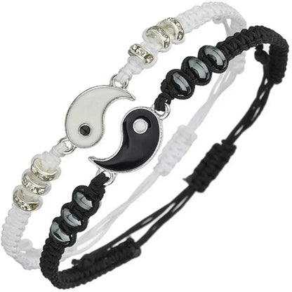 Couple Tai Chi Bracelet Set – Black & White Adjustable Rope Chain Jewelry for Daily Wear, Simple Style