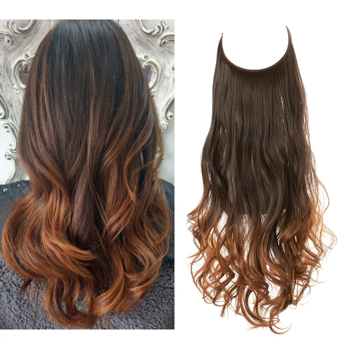 Synthetic Ombre Hair Extension - One Piece Invisible Wire Long Wavy Clipless False Hairpiece Black Blonde Pink