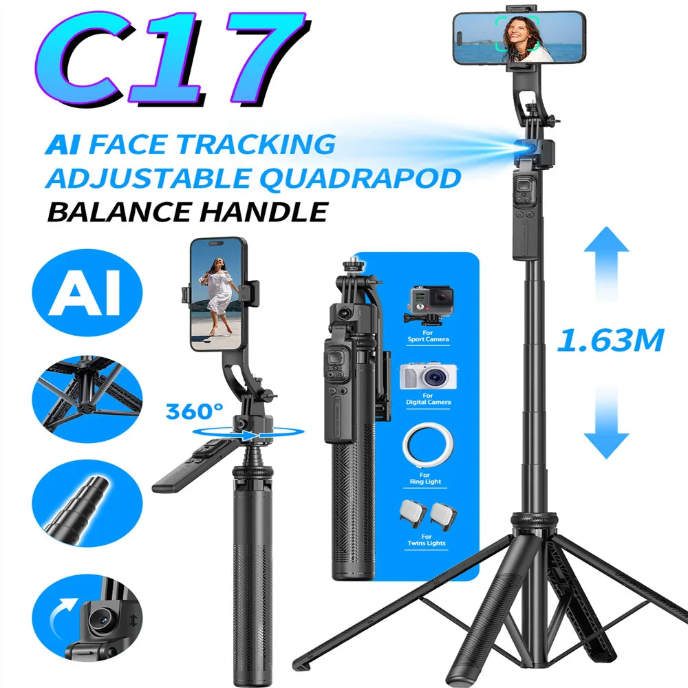 C17 360° Auto-Rotation Monopod – AI Tracking Tripod with Bluetooth Shutter, Fill Light & Wireless Selfie Stick for Phones