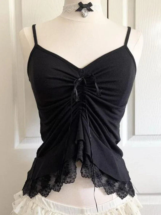 Women’s Grunge Punk Gothic Camisole Top – Y2K V-Neck Bow Lace Slim Fit Crop Cami Streetwear