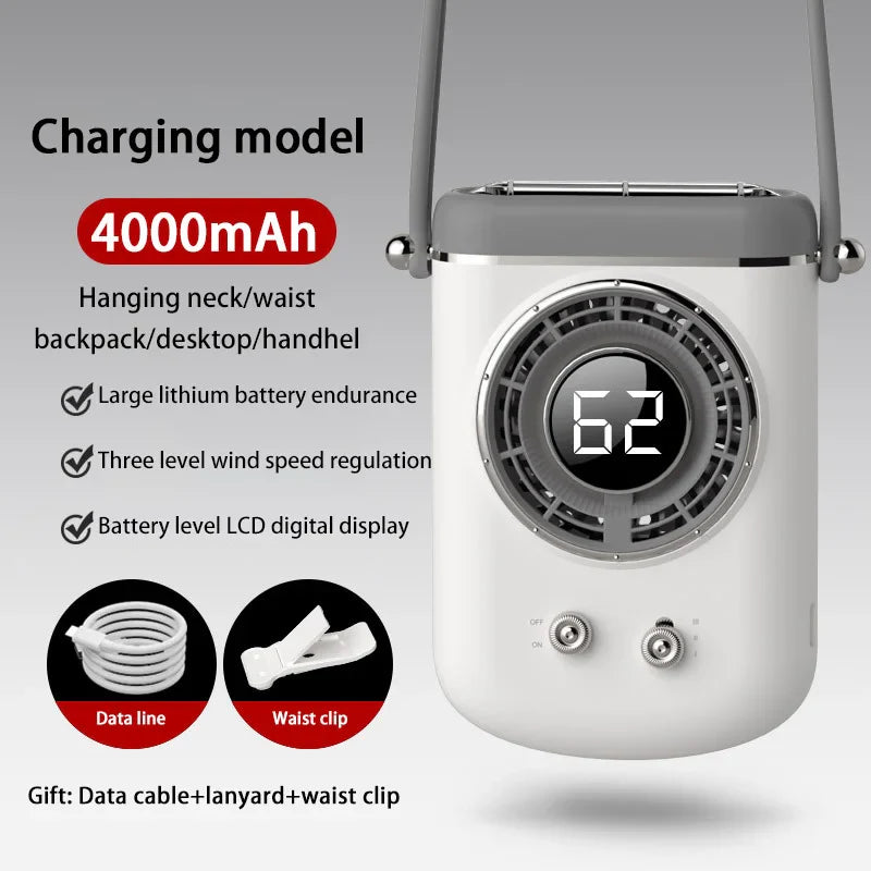 Neck Hanging Portable Fan – Silent Mini Cooling Fan with Strong Wind, USB Rechargeable, Outdoor & Desktop Use