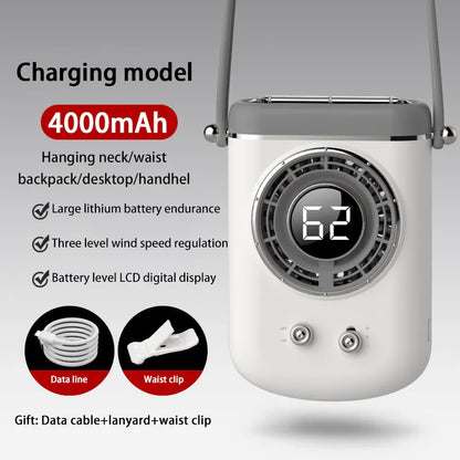 Neck Hanging Portable Fan – Silent Mini Cooling Fan with Strong Wind, USB Rechargeable, Outdoor & Desktop Use