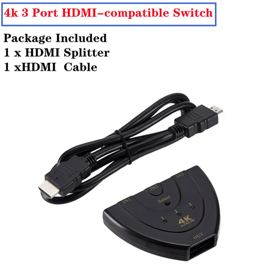 3x1 HDMI Switch 4K/1080P – 3 Input 1 Output Video Splitter Adapter Hub for Xbox, PS4, PC, Laptop & HDTV