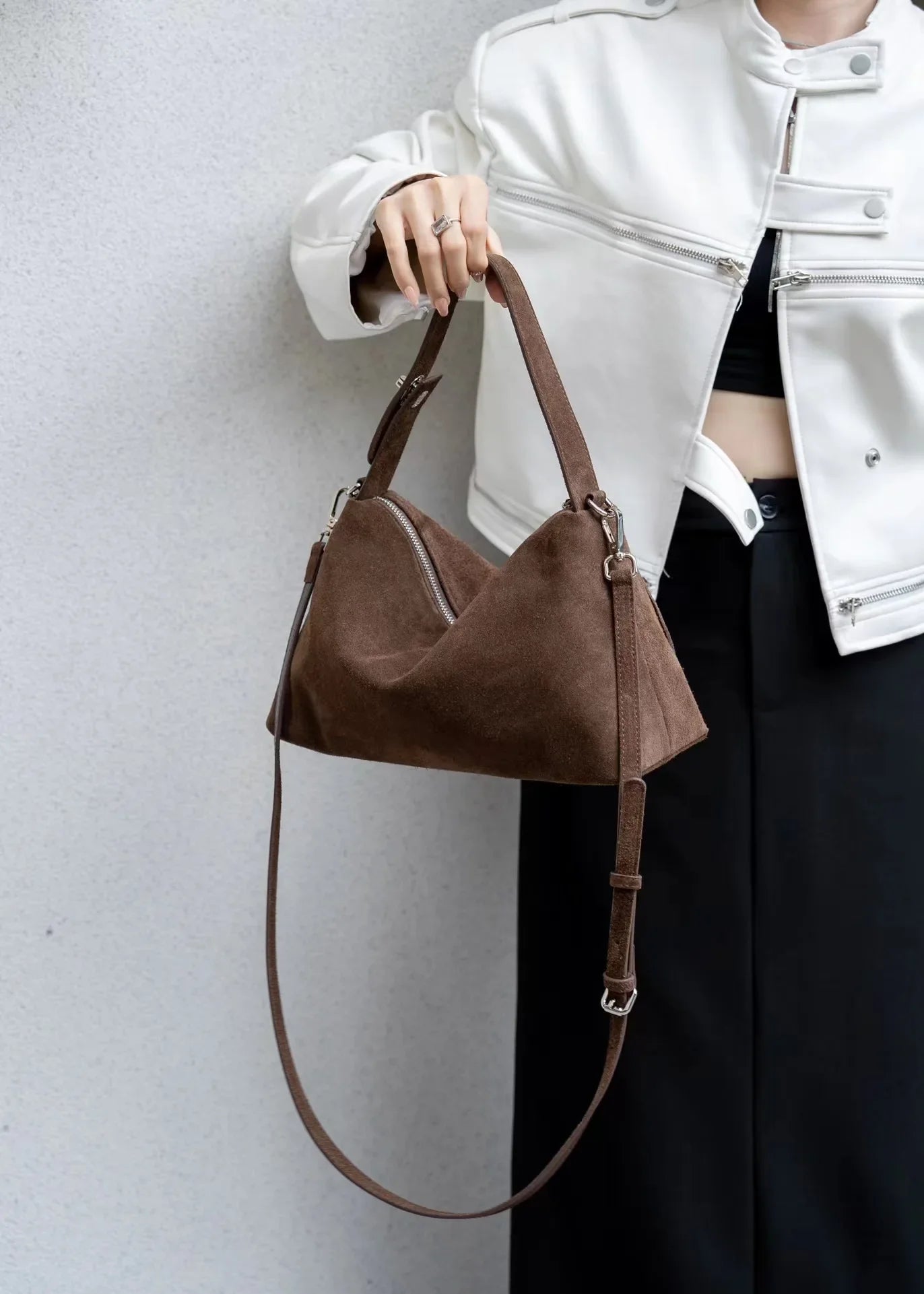 Simple Autumn Winter Grey & Brown Boston Tote — Soft Matte Suede Cow Leather Women's Shoulder Handbag