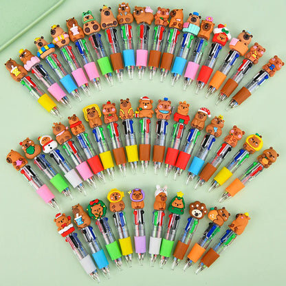 4-Color Retractable Ballpoint Pen Set - Cute Capybara Cartoon Journal Pens for Students & Gifts