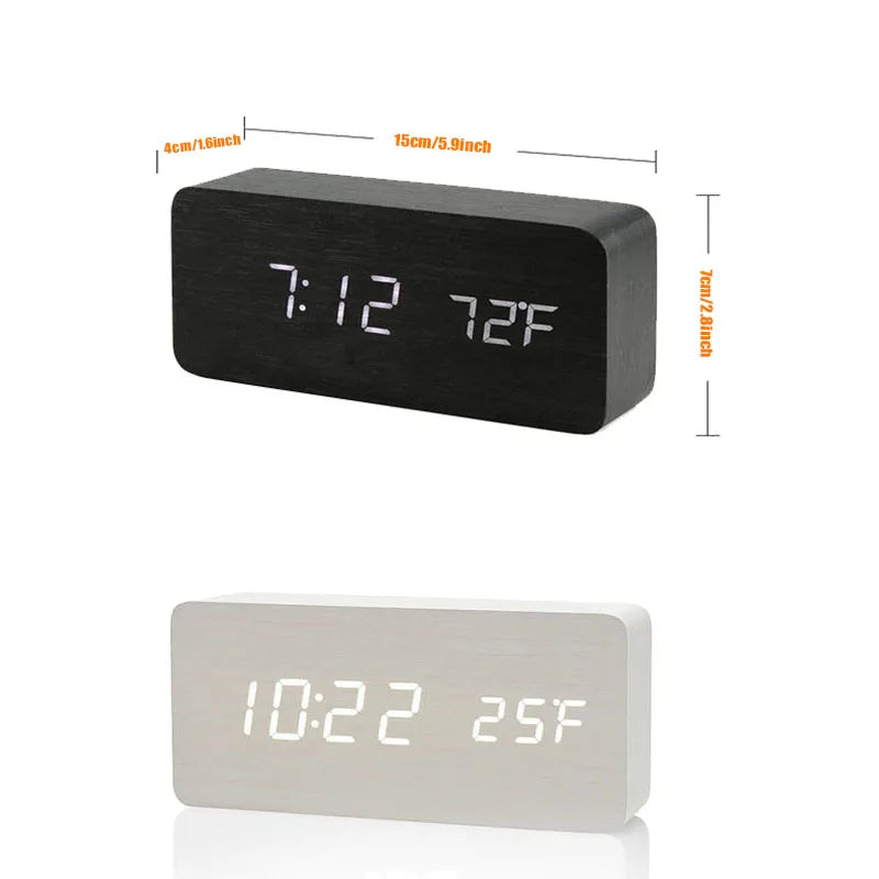 Wooden LED Digital Alarm Clock: Stylish Desk & Bedside Clock with Temperature Display