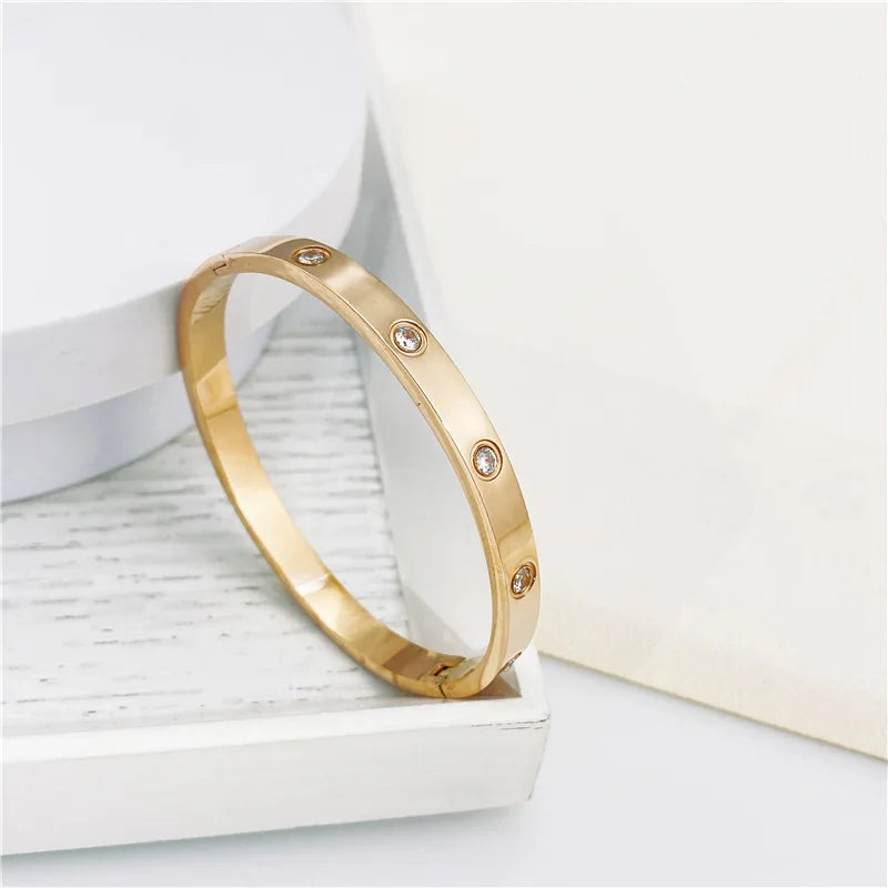 Women’s Gold Zircon Cross Nail Bracelet – Stainless Steel Screw Bangle Jewelry with CZ Stones, Fashion Wrist Accessory