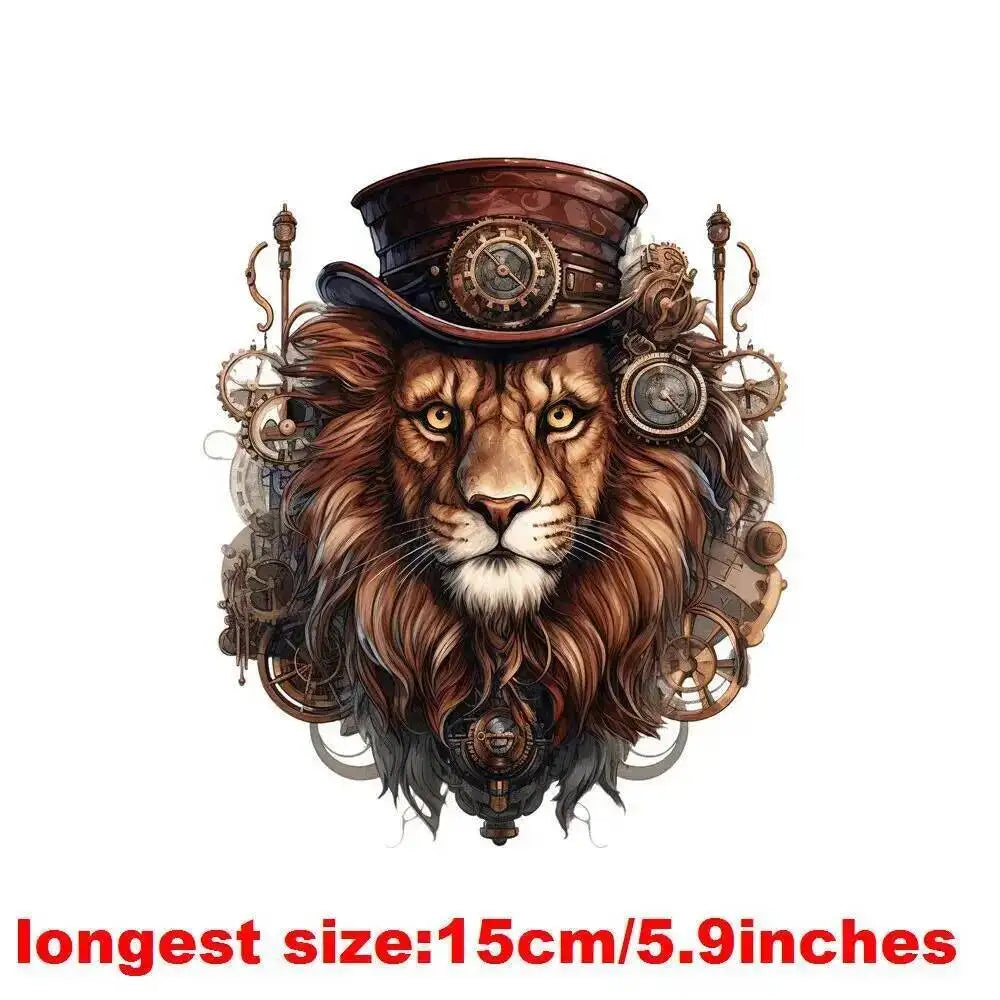 15cm Kids Steampunk Lion Iron-On Patch – Animal Heat Transfer Sticker for DIY Clothing, Apparel & Fabric Decoration Print