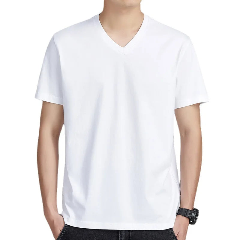 Men's Pure Cotton V-Neck T-Shirt - Comfortable Loose-Fit Casual Short Sleeve Top