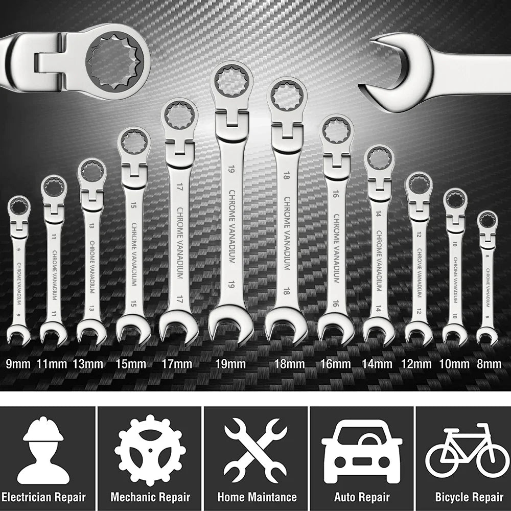 6-22mm Metric Ratcheting Combination Wrench Set – Flex Head Chrome Vanadium Steel Spanners with Carry Bag