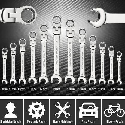6-22mm Metric Ratcheting Combination Wrench Set – Flex Head Chrome Vanadium Steel Spanners with Carry Bag