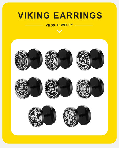 Vnox Men's Viking Black Stud Earrings - Vegvisir & Norse Valknut, Cool Punk Stainless Steel Set