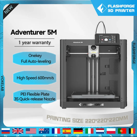 Flashforge Adventurer 5M 3D Printer – High-Speed, Full-Auto Leveling, Direct Extruder, Power Loss Recovery & Flexible PEI Plate