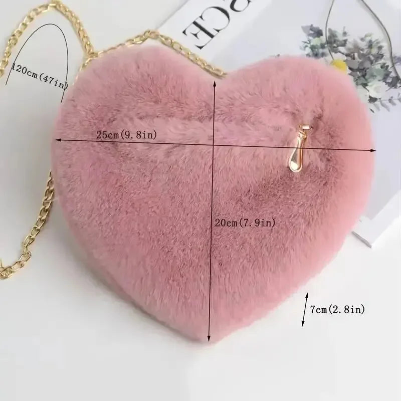 Heart-Shaped Fluffy Shoulder Bag – Fashion Chain Crossbody Plush Handbag & Cute Zipper Purse for Valentine's Day