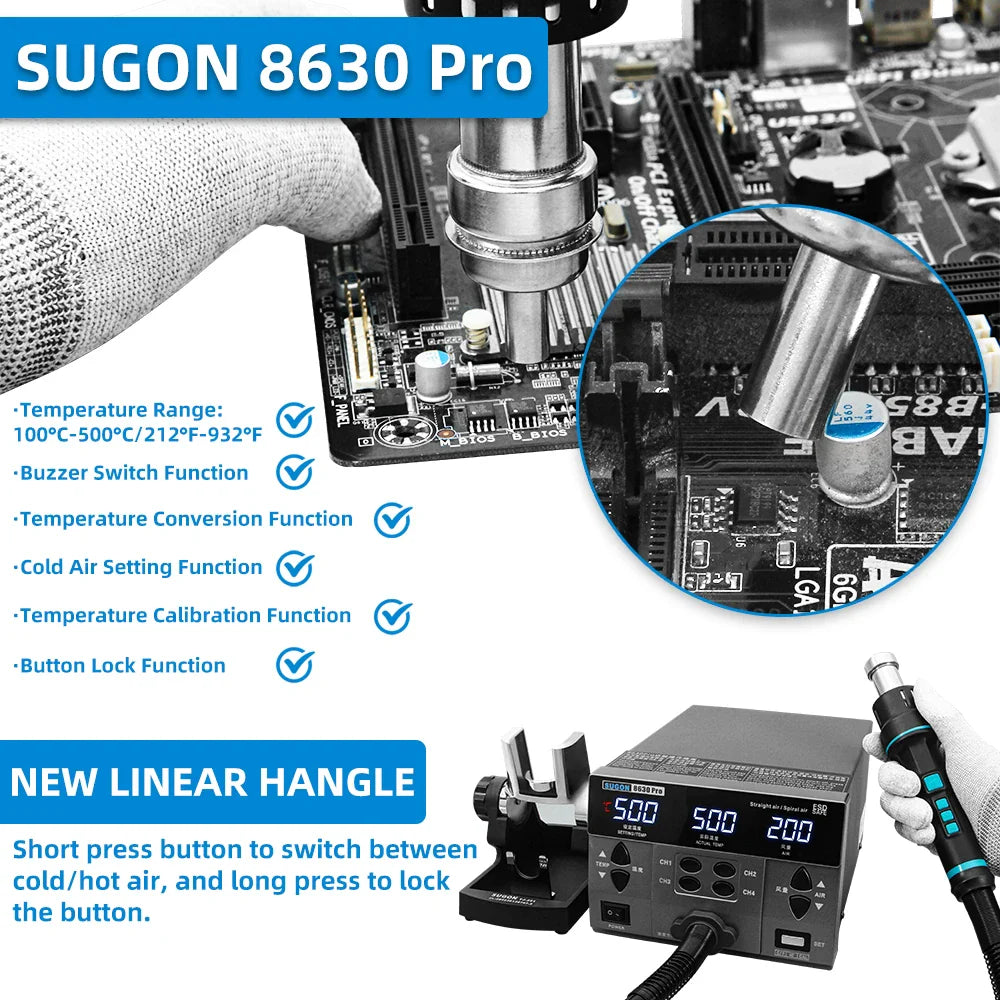 SUGON 8630Pro 1300W Hot Air Gun - Digital Display BGA Rework Station with Curved Nozzle for Welding & Desoldering Repair