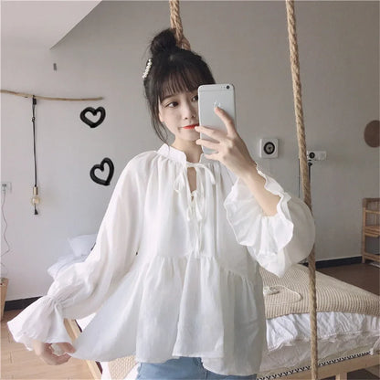 2024 Fashion Women’s Lace-Up Shirt – Flare Sleeve O-Collar Loose Blouse for Spring, Summer & Autumn