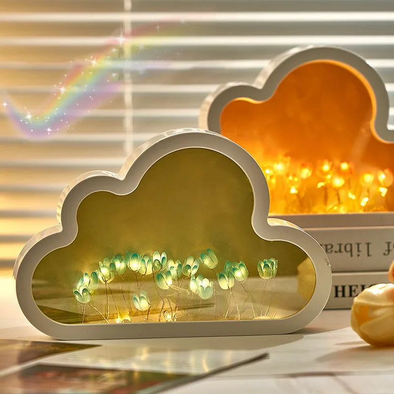 DIY Cloud Tulip LED Night Light - Creative Photo Frame Mirror Table Lamp for Girl's Bedroom, Handmade Bedside Ornament, Perfect Birthday Gift