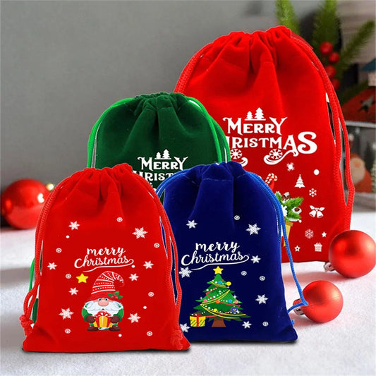 2025 Christmas Velvet Drawstring Bags – Red & Green Candy, Gift, Party, and Biscuit Storage Pouches