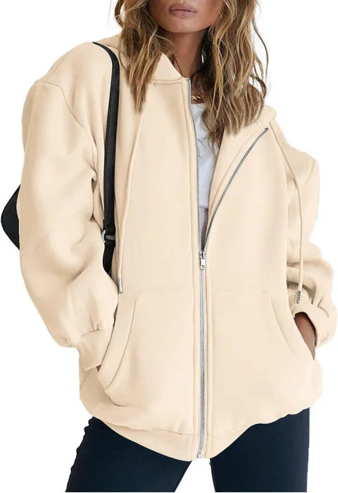 Women’s Gray Zip-Up Hoodie Sweatshirt – Autumn Winter Long Sleeve Jacket with Pockets