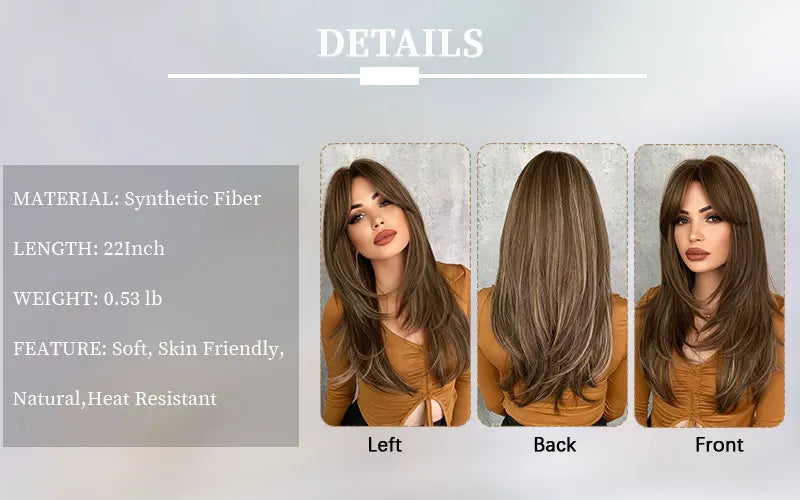 7JHH Honey Blonde Wig with Bangs - Long Brown Layered Heat Resistant Synthetic Wig for Women, Daily Use