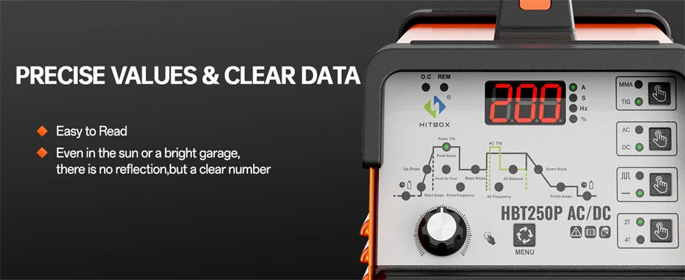 HITBOX 200A 6-in-1 HF TIG AC/DC Aluminum Welder — MMA ARC Argon Digital Pulse Stainless Welding Machine, 2T/4T HBT250P 220V