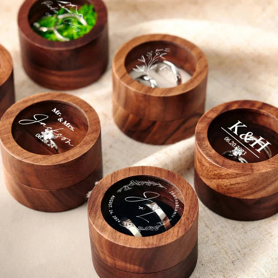 Custom Logo Wooden Ring Box – Engraved Walnut Wood Wedding & Engagement Box with Name & Date