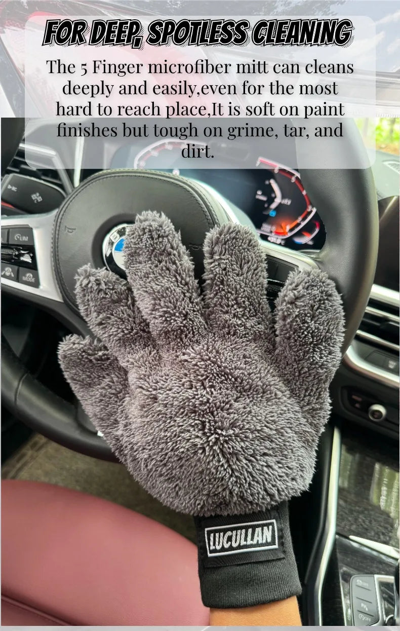 Lucullan Double-Sided Microfiber 5-Finger Mitt – Super Soft, Scratch-Free, Flexible Cleaning Glove