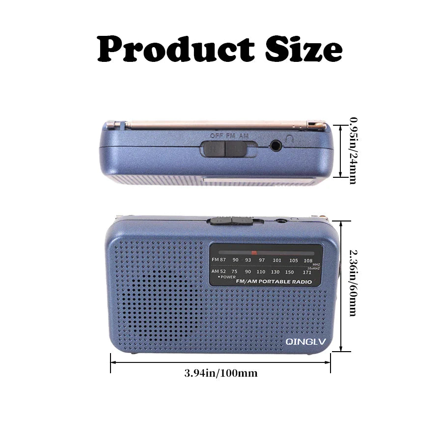 Mini FM/AM Two-Band Radio — 1W Loud Speaker with 3.5mm Headphone Jack & 180° High-Performance Antenna for Home Use