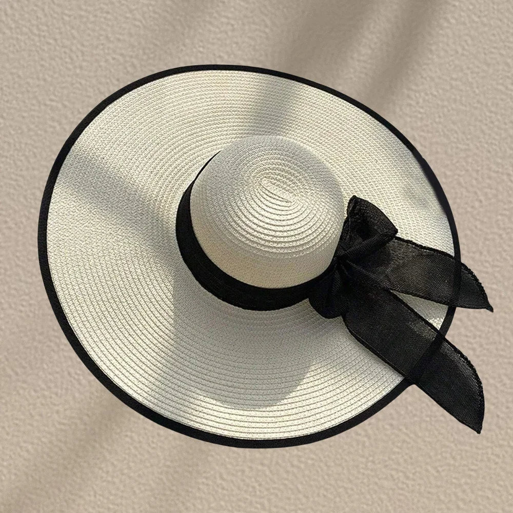 Women's Bow Straw Beach Hat - Oversized Wide Brim Summer Sun Protection Hat