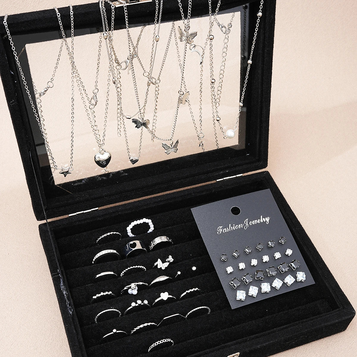 51Pcs Silver Butterfly Pearl Jewelry Set - Chic Heart Necklace Earrings Rings Fashion Accessories for Women Daily Wear
