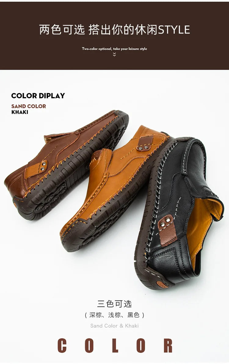 Handmade Leather Men’s Loafers – Casual Slip-On Flats, Comfortable Outdoor Walking Shoes
