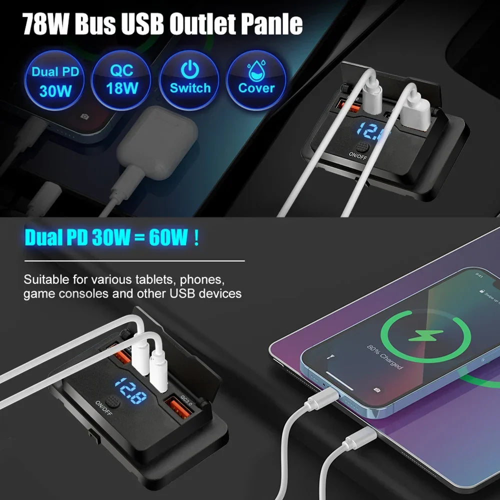 Car Charger Socket Adapter with Switch | 4-Port Charging Splitter for Bus, RV, ATV, Truck, Boat | 12V/24V PD, QC3.0