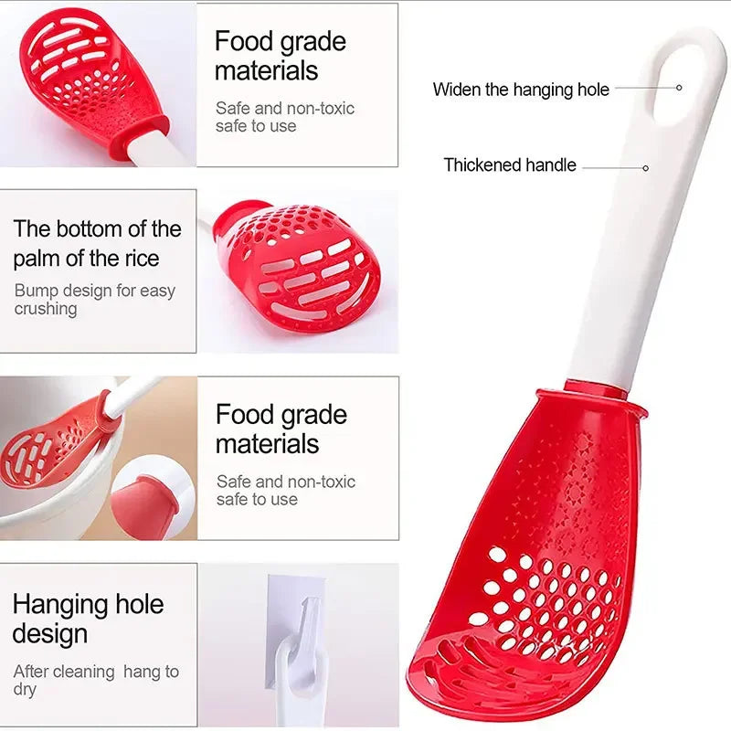 Multifunctional Kitchen Cooking Spoon - Strainer Scoop with Garlic Press, Hanging Hole, Potato & Egg Tool, Kitchen Accessory