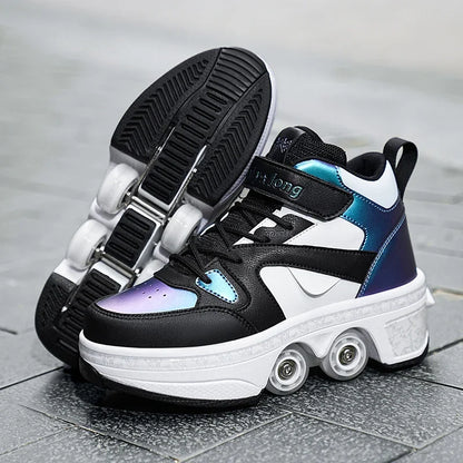 Women's High-Top 4-Wheel Roller Shoes – Fashionable Unisex Pop-Up Sneakers with Wheels, Dual-Purpose Skating & Casual Shoes