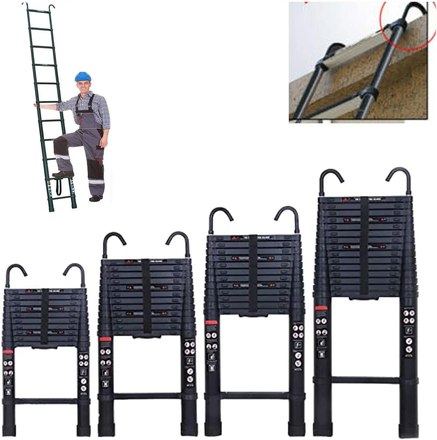 DayPlus 3.2-6.2M Telescopic Ladder with Roof Hook Kit – Portable, Heavy Duty Aluminium Multi-Purpose Folding Extendable Ladder