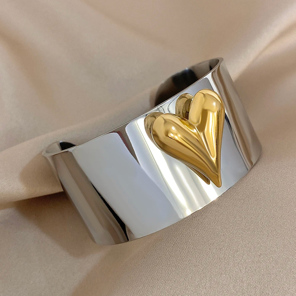 Greatera Stainless Steel Heart Cuff Ring – Wide Thick Statement Jewelry for Women & Men, European American Style