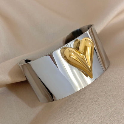 Greatera Stainless Steel Heart Cuff Ring – Wide Thick Statement Jewelry for Women & Men, European American Style