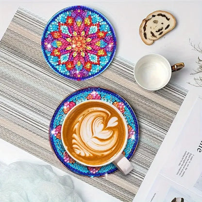 8-Piece DIY Diamond Painted Coasters Set – Mandala Pattern with Complimentary Cup Holder