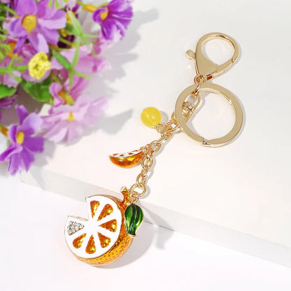 EASYA Vintage Imitation Fruit Charm Keychain – Lemon, Persimmon & Strawberry Glass Pendant, Luxury Jewelry for Women