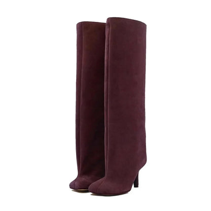 Women’s Suede Wide-Calf Knee-High Boots – Square Toe Stiletto Pull-On Riding Style Casual Chic Footwear