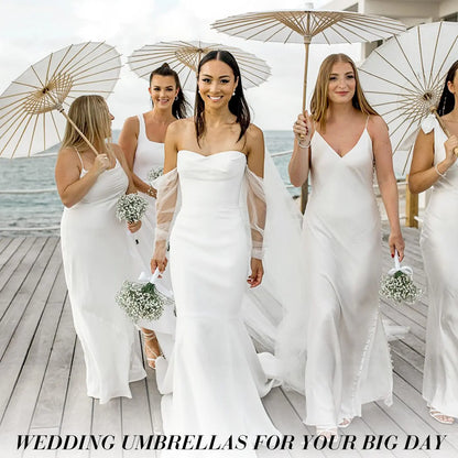 60/84cm White Wedding Paper Umbrellas – Chinese Wooden Handle, DIY Rustic Photography Props for Baby Shower, Party & Wedding