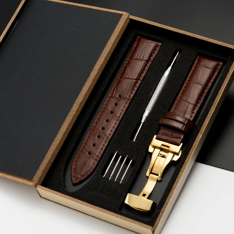 Genuine Leather Watch Strap with Wooden Box – Butterfly Clasp Bracelet 18-24mm Wristband