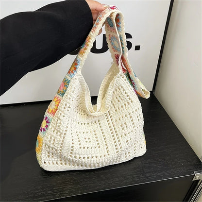 Women’s Boho Crochet Tote Bag – Floral Knitted Large Capacity Beach Shoulder Bag Summer Woven Shopper Handbag