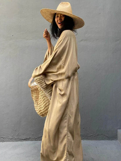 Women’s Solid Belted Wrap Kimono Beach Cover Up Dress – Swimsuit Robe Summer Beachwear 2025 New Casual Vacation Outfit