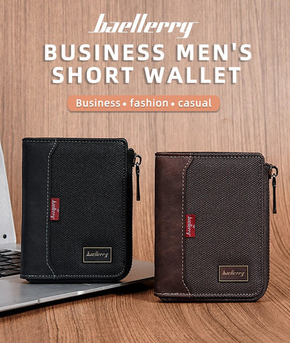 Baellerry RFID Short Men’s Wallet — Luxury Zipper Card Holder with Coin Pocket & Photo Slots