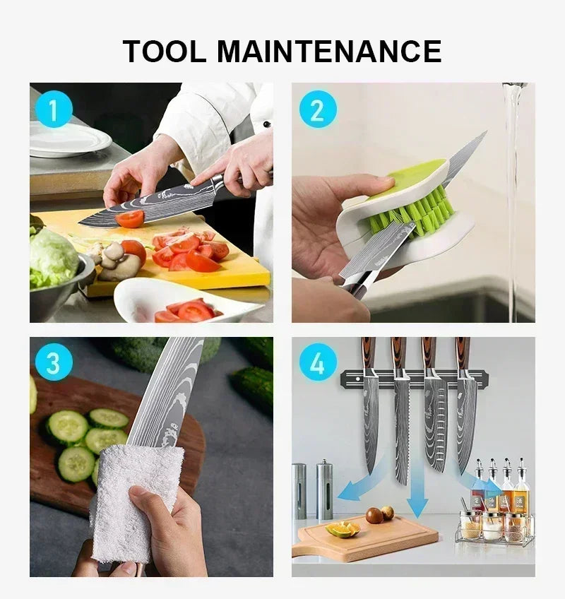 Laser Damascus Kitchen Knife Set – Cleaver, Meat, Fruit, Bread, Boning Knife and Chicken Scissors for Barbecue and Home Cooking