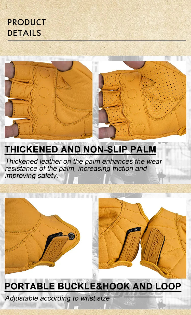 MJMOTO Retro Leather Motorcycle Half Finger Gloves – Touchscreen Motocross Gloves with Hard Shell Protection, Breathable Design