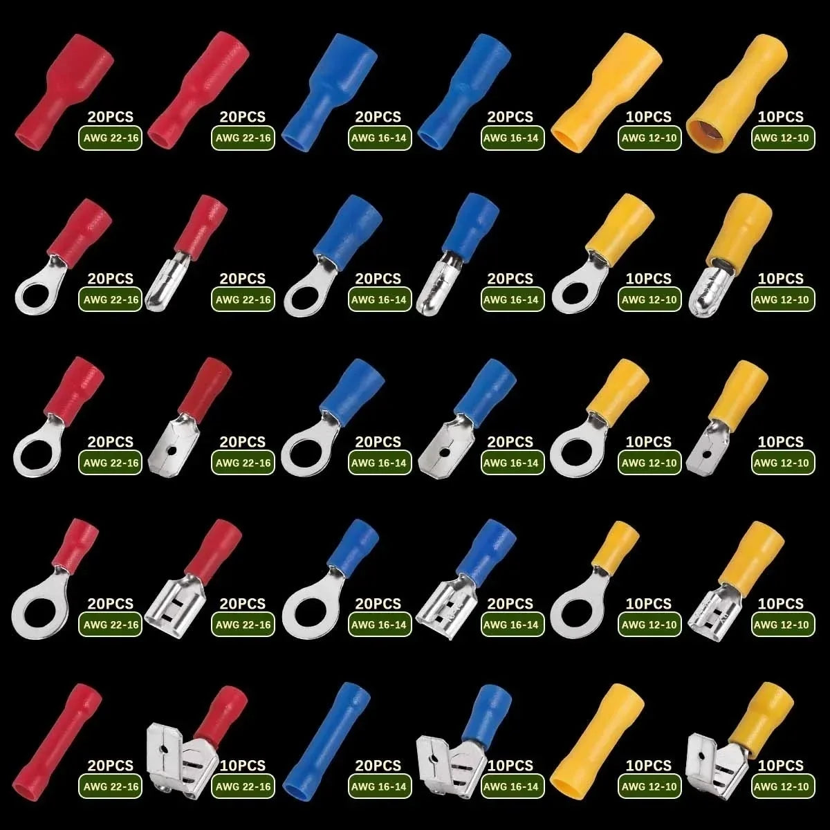 102/280/300/480PCS Assorted Wire Connector Kit – Insulated Male & Female Spade Crimp Terminals for Electrical Wiring Repairs