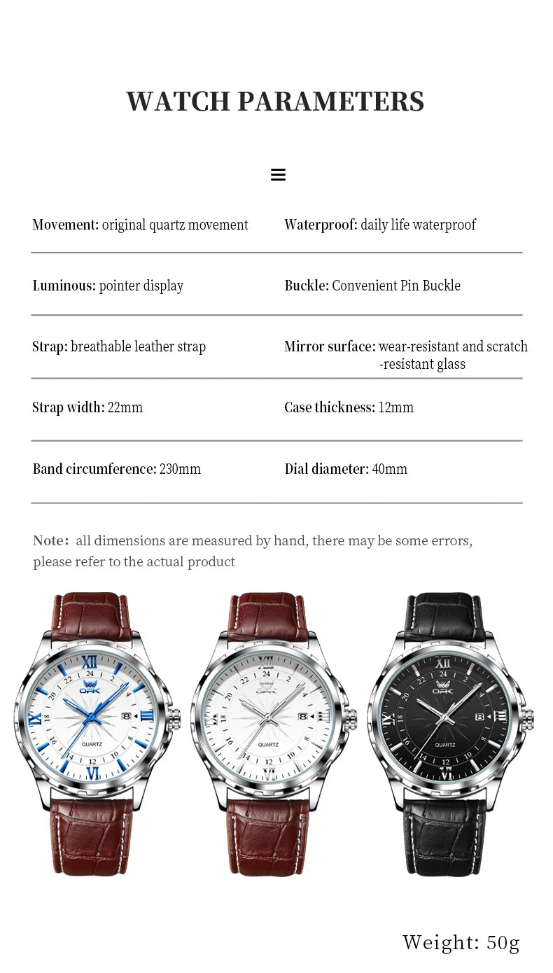OPK Men's Quartz Watch — Steel Belt Dual Calendar Wristwatch Model 6003